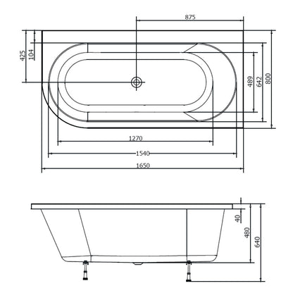 Raumspar Badewanne ASTRA 165x80x48cm rechts, weiß