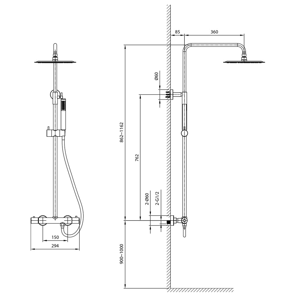 Duschsäule mit Thermostat-Armatur, Gold matt
