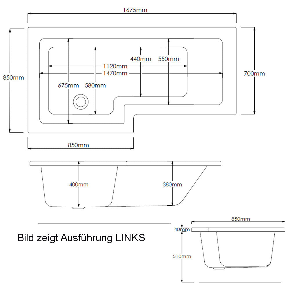 SYNA Badewanne mit Duschzone 167,5x85/70x40 cm, links, weiß