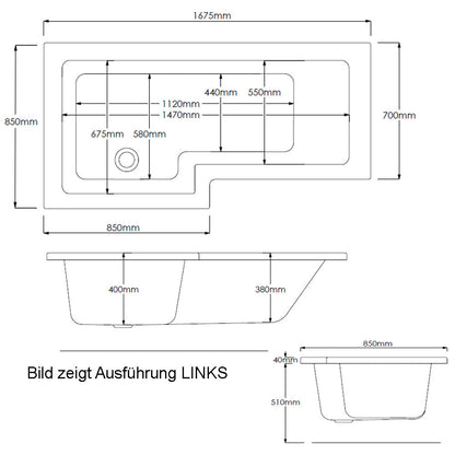 SYNA Badewanne mit Duschzone 167,5x85/70x40 cm, links, weiß