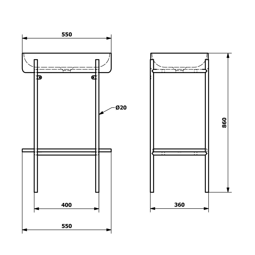 PUNO Konsole mit Waschbecken 550x860x360mm, Schwarz matt