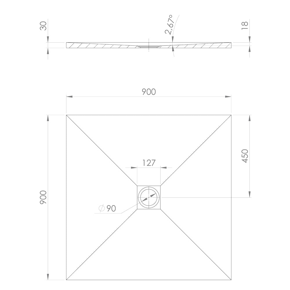 TRENECA Gussmarmor-Duschwanne 90x90cm, grau matt