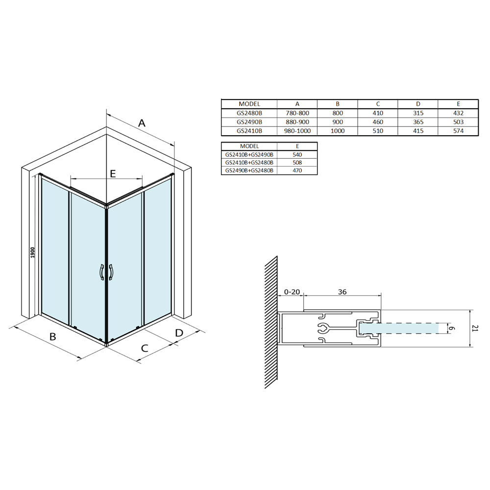 SIGMA SIMPLY BLACK Rechteck-Duschabtrennung 900x800 mm, L/R Variante, Eckeinstieg, Brick Glas