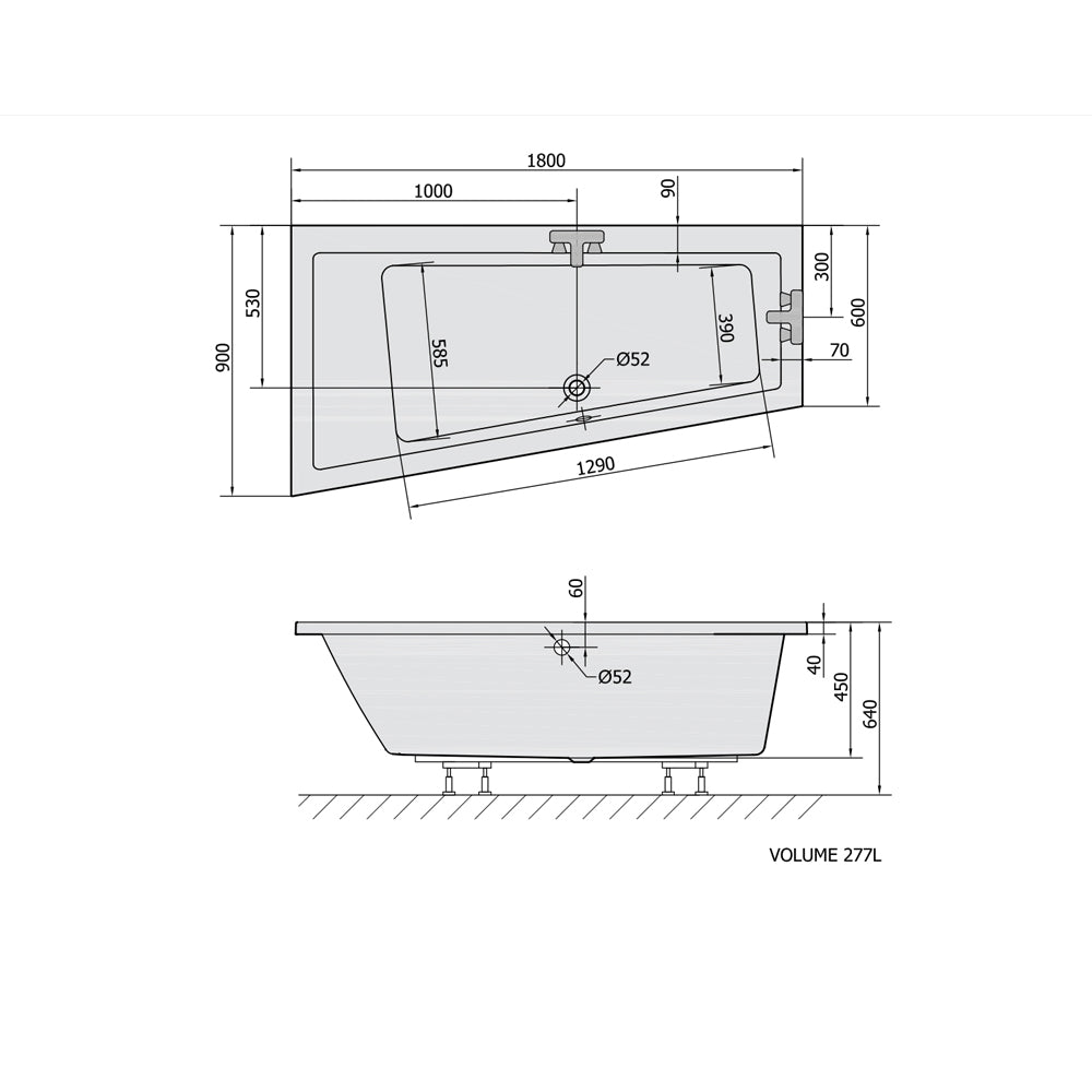 Raumspar Badewanne ANDRA, 180x90x45cm,links, weiß matt
