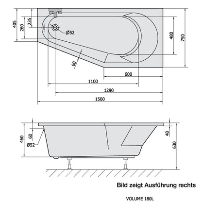 Raumspar Badewanne TIGRA 150x75x46cm, Rechts, weiß