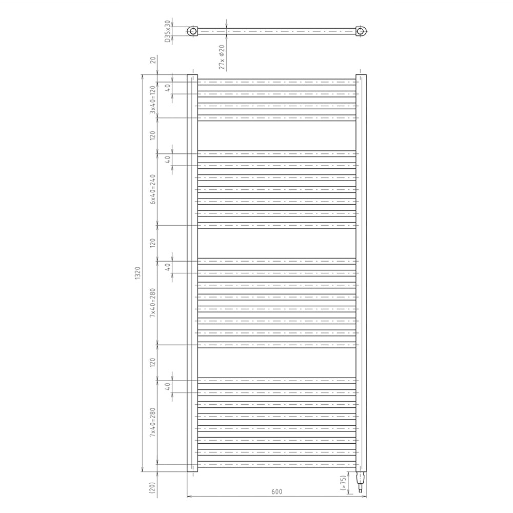 DIRECT-E Elektrischer Badheizkörper, gerade, 600x1320 mm, 600 W, Schwarz