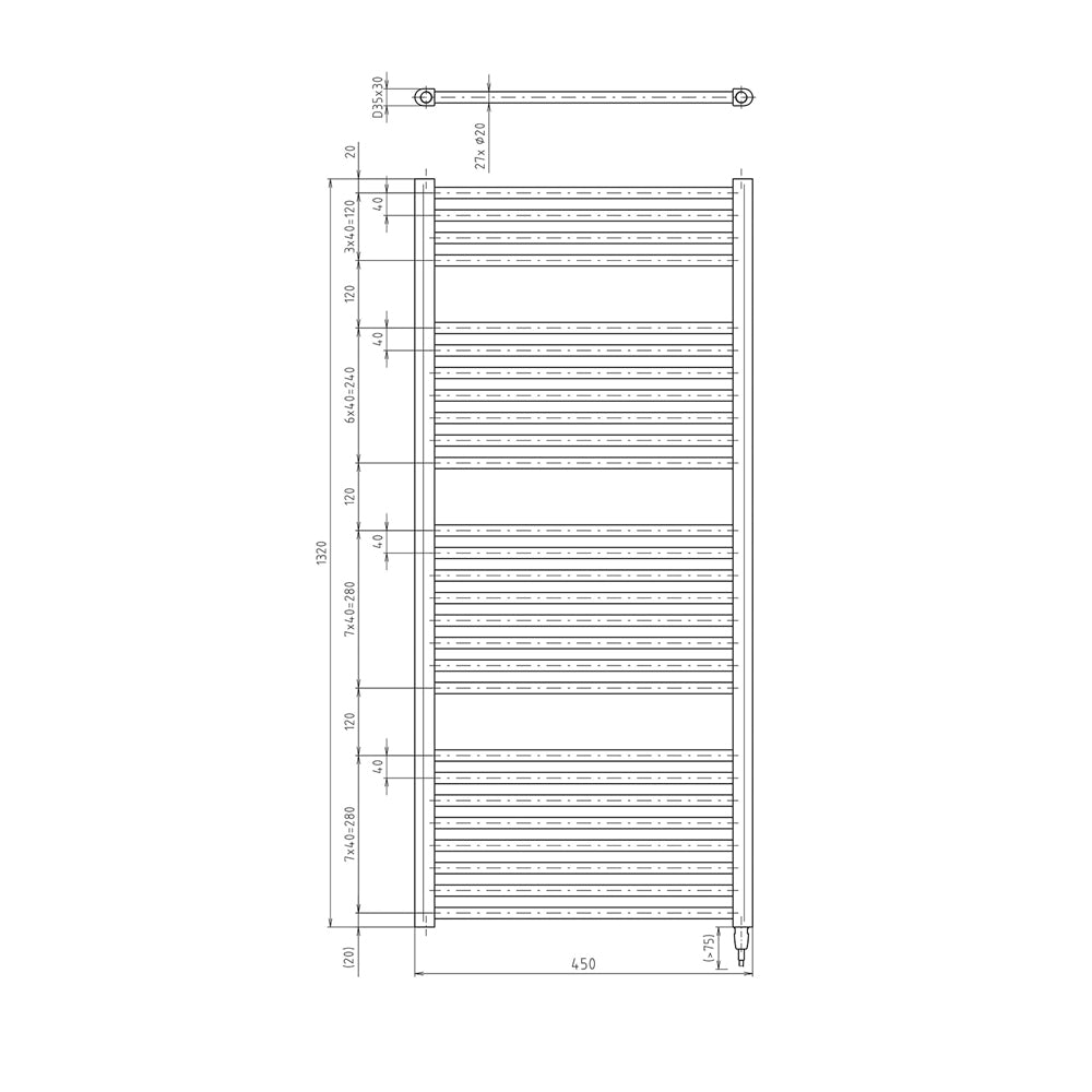 DIRECT-E Elektrischer Badheizkörper, gerade, 450x1320 mm, 400 W, Schwarz