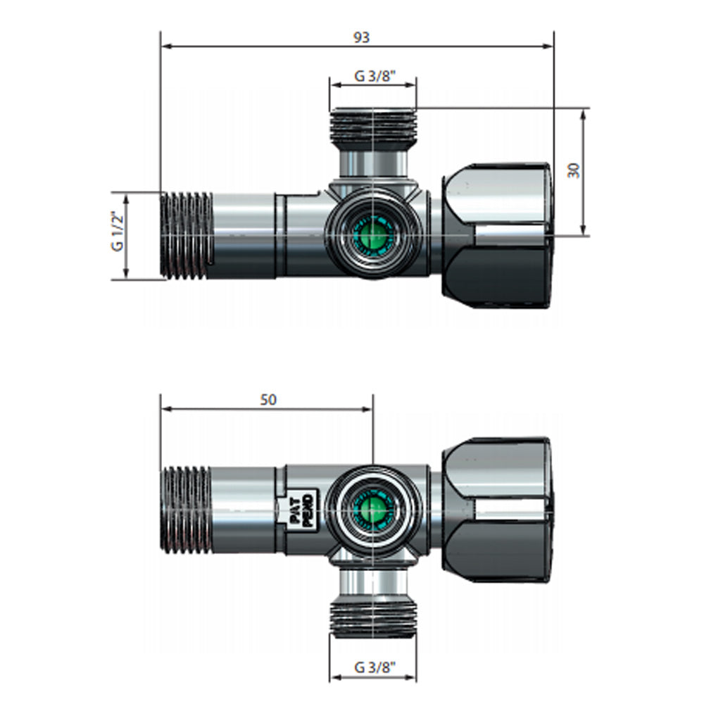 Kombi-Eckventil A-80 1/2"x3/8"x3/8" mit zwei Anschlüssen, antical