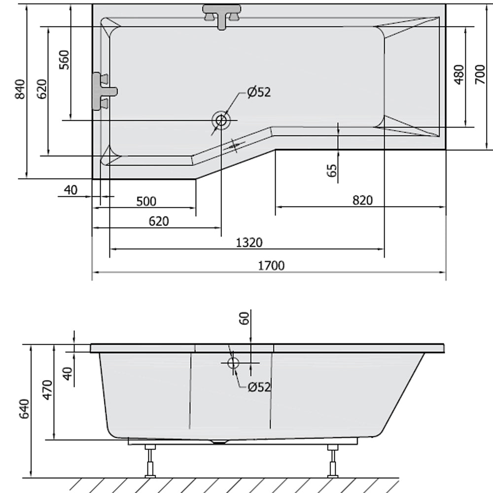 VERSYS L asymmetrische Badewanne 170x84x70x47cm, links, weiß