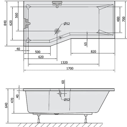 VERSYS L asymmetrische Badewanne 170x84x70x47cm, links, weiß