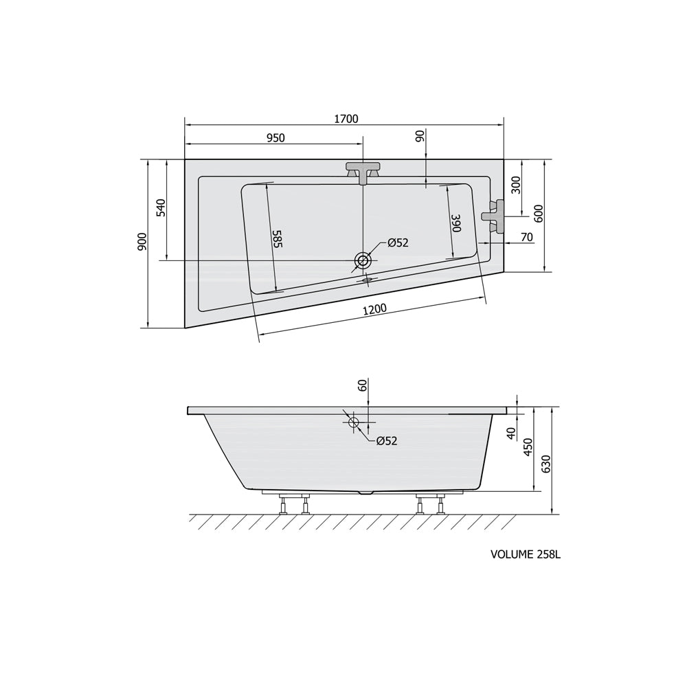 Raumspar Badewanne ANDRA, 170x90x45cm, links, dunkelgrau