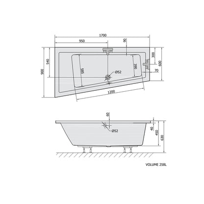 Raumspar Badewanne ANDRA, 170x90x45cm, links, dunkelgrau