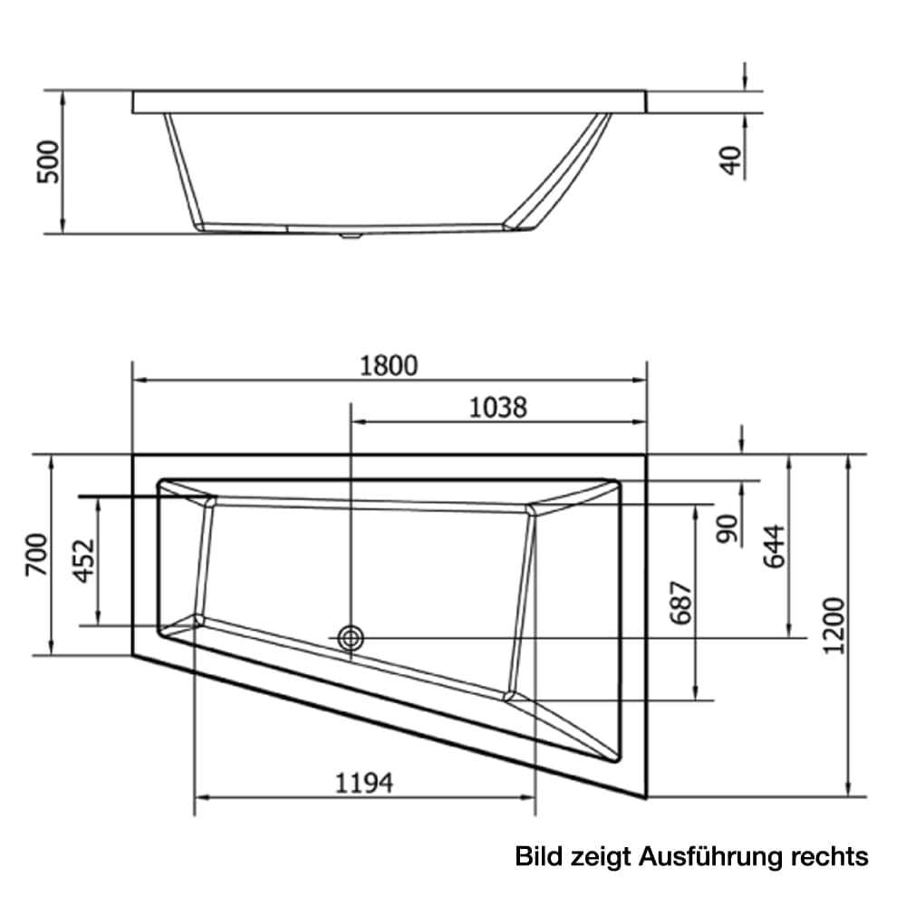 Raumspar Badewanne TRIANGL 180x120x50cm, rechts, weiß