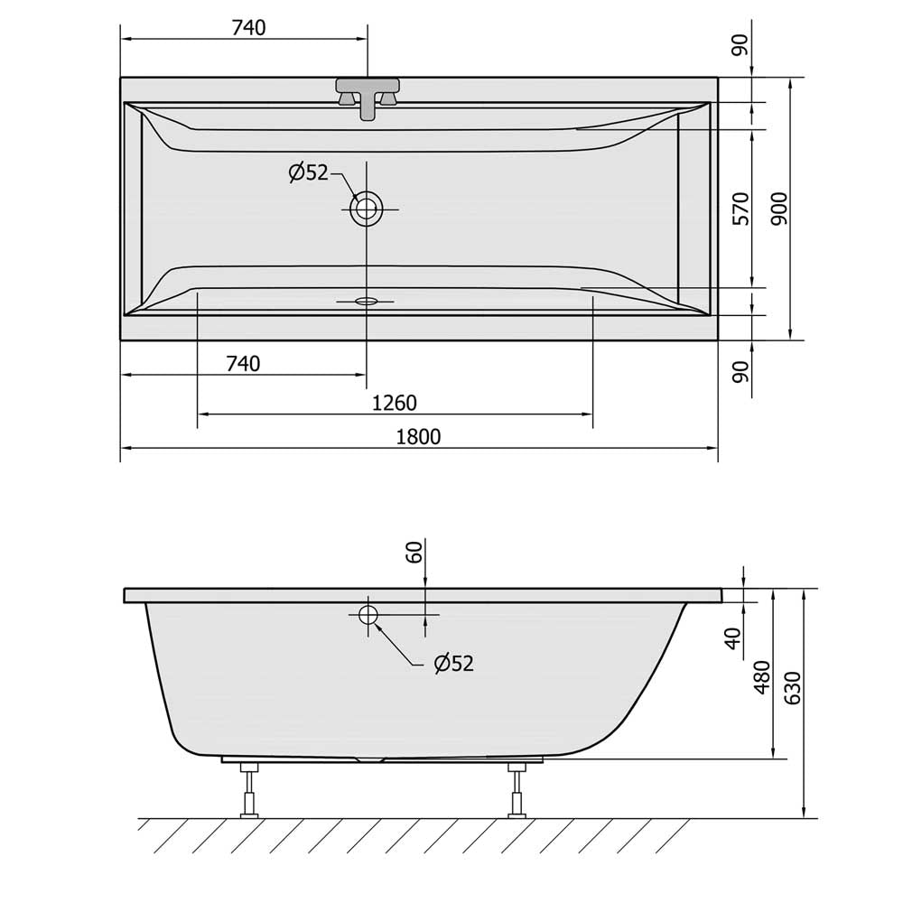 CLEO Rechteckwanne mit Füßen 180x90x48cm, weiß