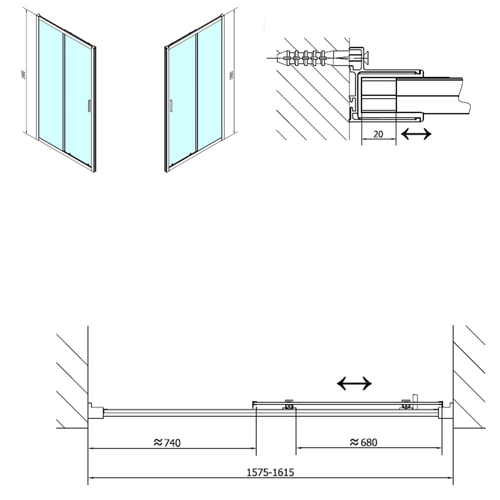 EASY LINE Duschtür 1600mm, Klarglas