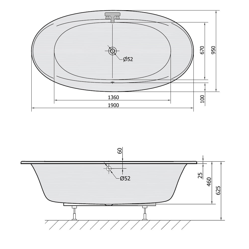 STADIUM Ovale Badewanne 190x95x46cm, weiß