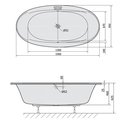 STADIUM Ovale Badewanne 190x95x46cm, weiß