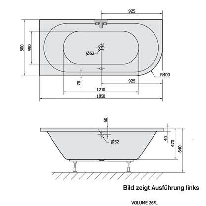 Raumspar Badewanne VIVA 185x80x47cm, links, weiß